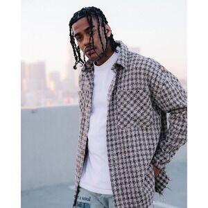 mnml Tweed Overshirt Men Size M Brown Plaid Raw Hem Streetwear Minimalist